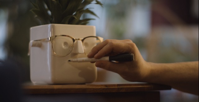 Image of a potted plany getting a face drawn on